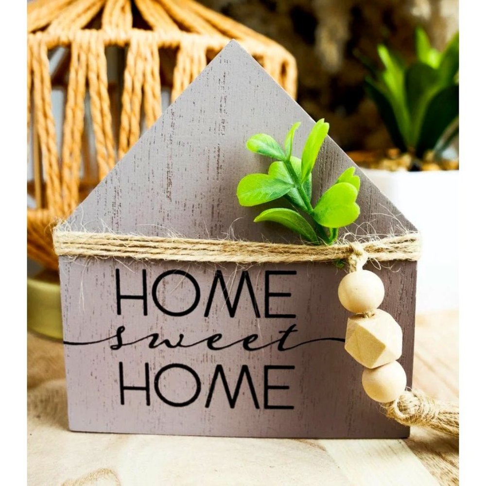 Home Sweet Home. Wooden House-Shaped Block Sign. Beaded, Faux Greenery. NWT.